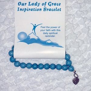 Our Lady of Grace Blue Beaded Stretch Bracelet w/ heart shaped mini-Mary medal